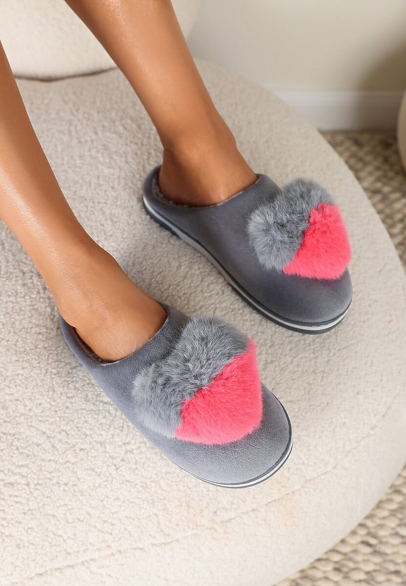 Szare Kapcie z Pomponem w Kształcie Serduszka z Futerka Rafima
