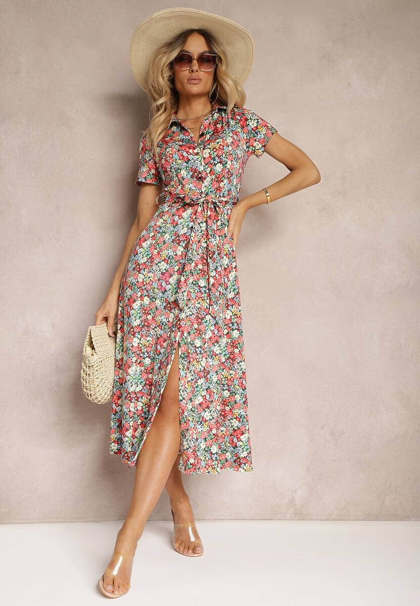 Czerwono-Zielona Rozkloszowana Sukienka z Wiskozą Zapinana na Guziki Ozdobiona Paskiem Dimica