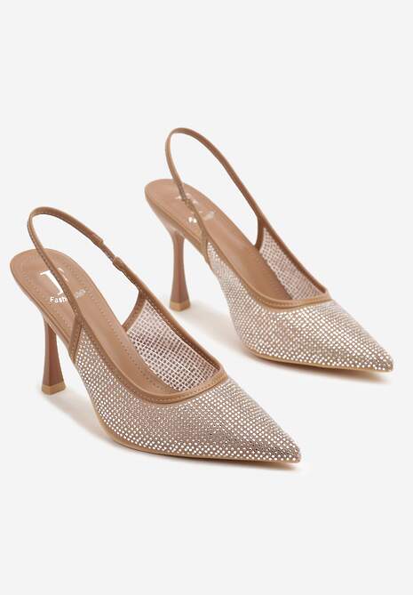 Brązowe Sandały Szpilki Slingback z Noskiem w Szpic Zdobione Cyrkoniami Zenvia