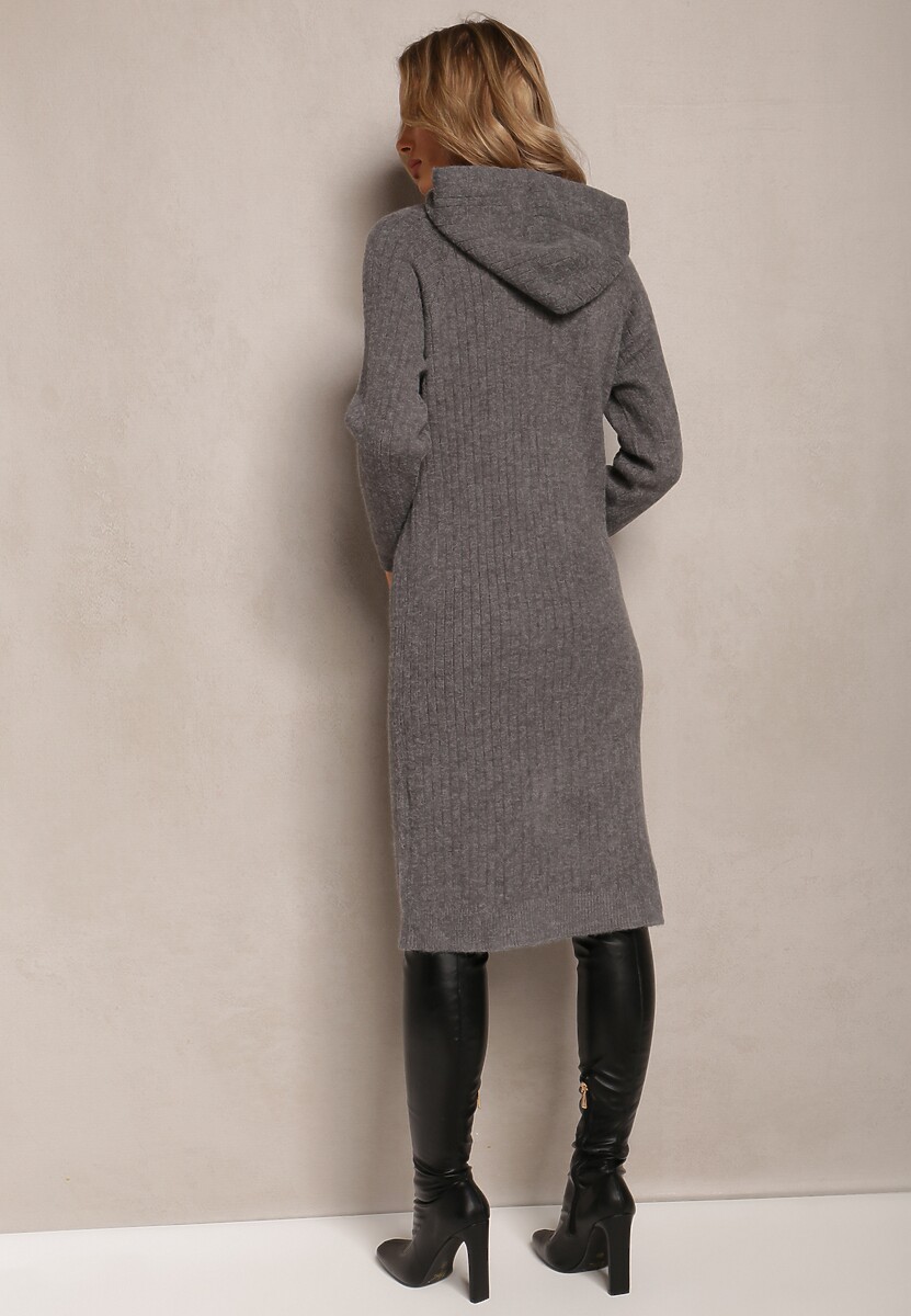 Ciemnoszara Wełniana Sukienka w Prążki z Kapturem Opiuda