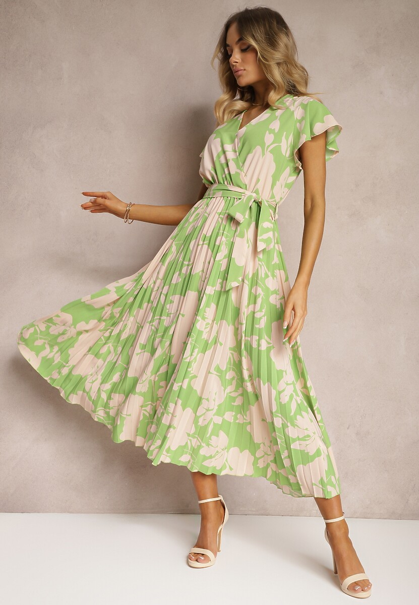Zielono-Beżowa Kopertowa Plisowana Sukienka Koktajlowa z Gumką i Paskiem w Talii Benelsea