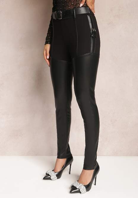 Czarne Spodnie Skinny z Imitacji Skóry i Paskiem Bisrattema