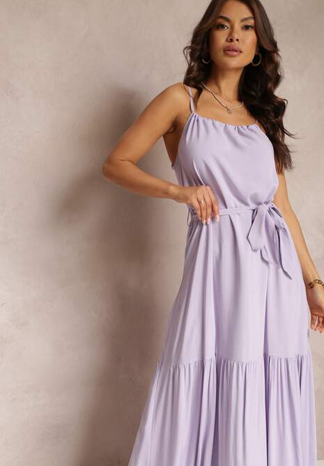 Fioletowa Rozkloszowana Sukienka na Ramiączkach z Wiązanym Paskiem Diadite