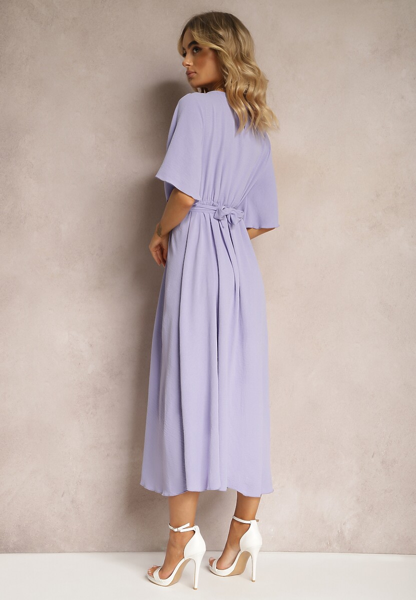 Jasnofioletowa Rozkloszowana Sukienka Maxi z Szerokim Rękawem i Gumką w Pasie Sador