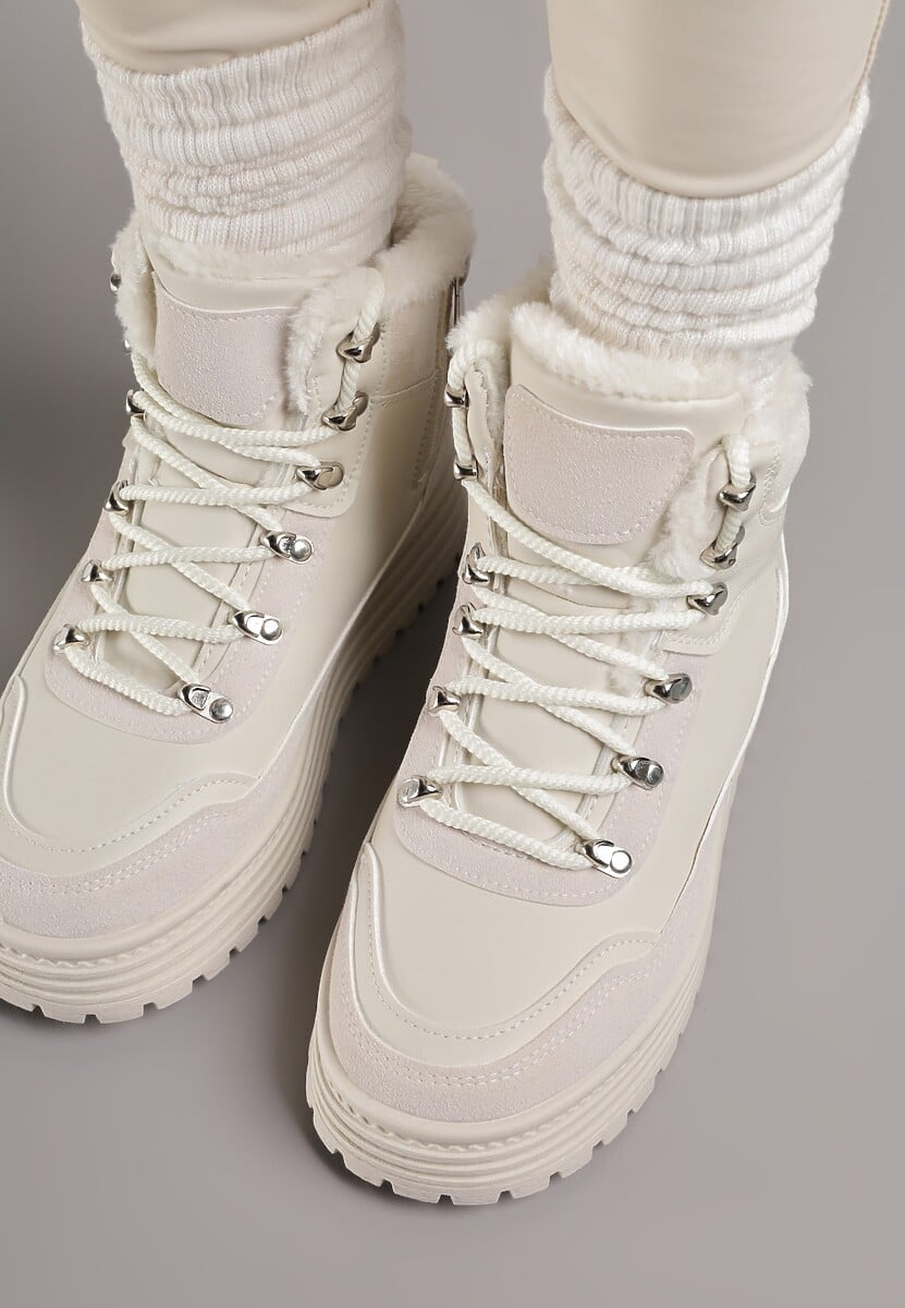 Beżowe Sneakersy w Stylu Traperów na Platformie Ewedora