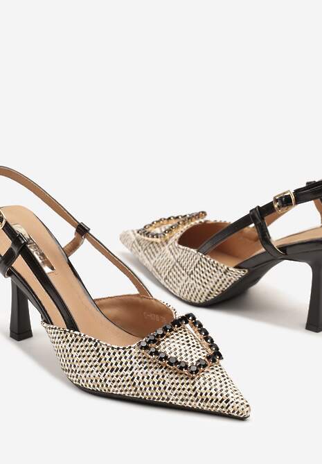Beżowo-Czarne Szpilki z Odkrytą Piętą Plecioną Cholewką i Metaliczną Ozdobą Neltina