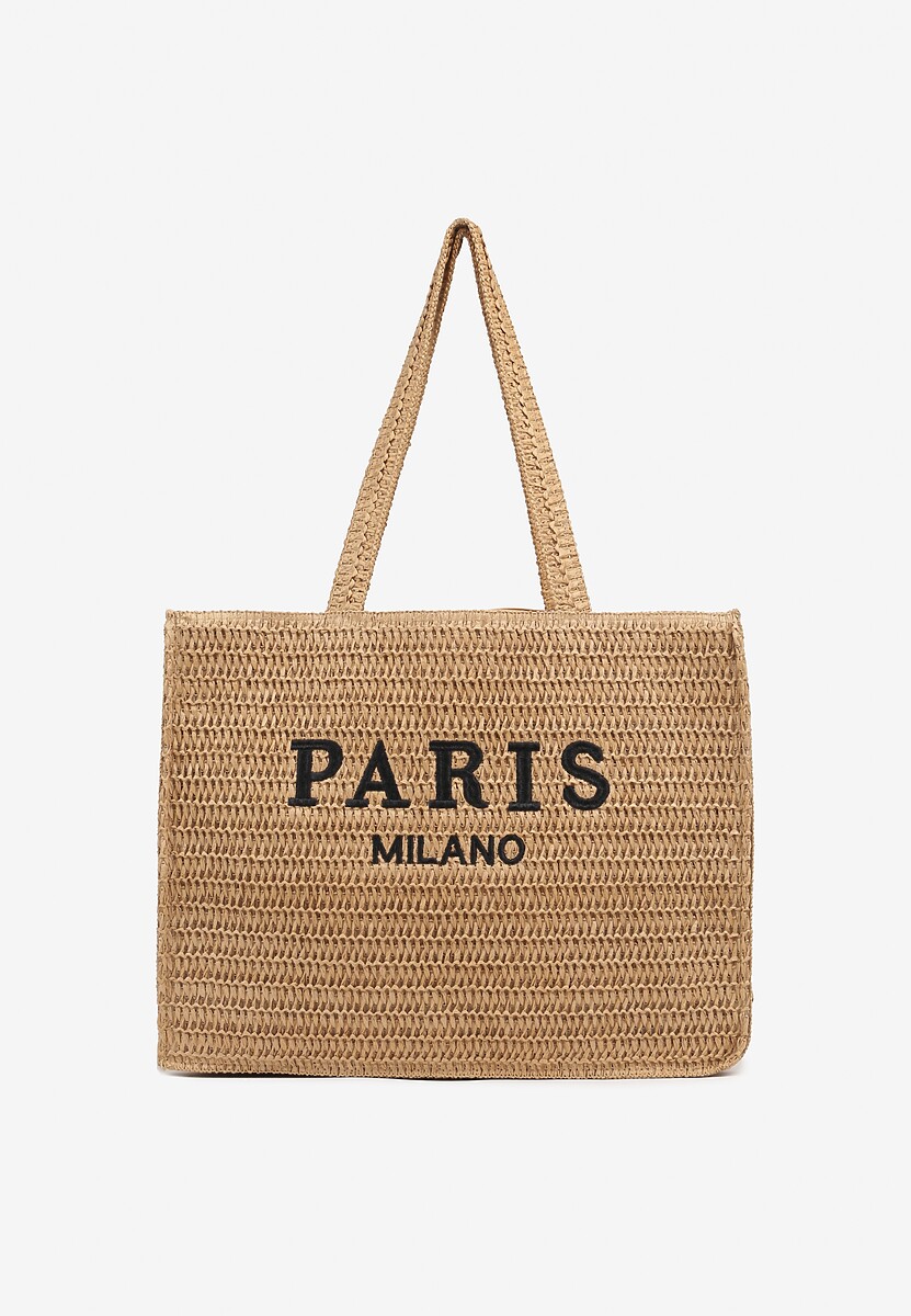 Ciemnobeżowa Pleciona Torebka Typu Shopperka z Napisem Odalina