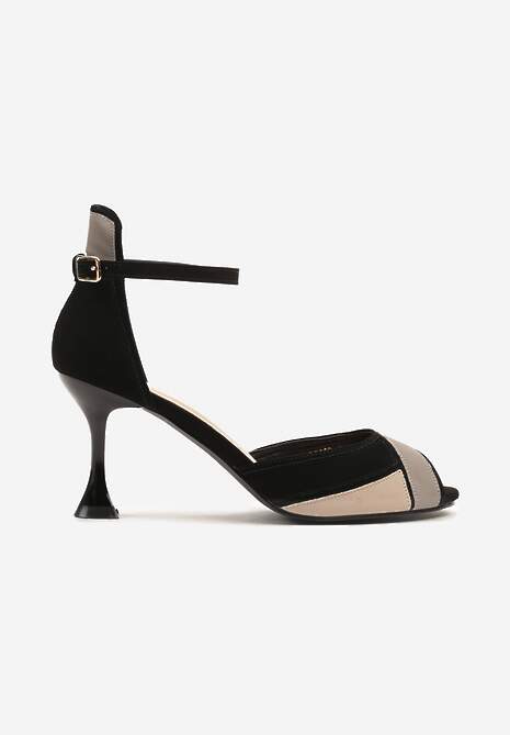 Czarne Geometryczne Sandały w Geometryczny Print na Obcasie Kaczuszce Mirasina