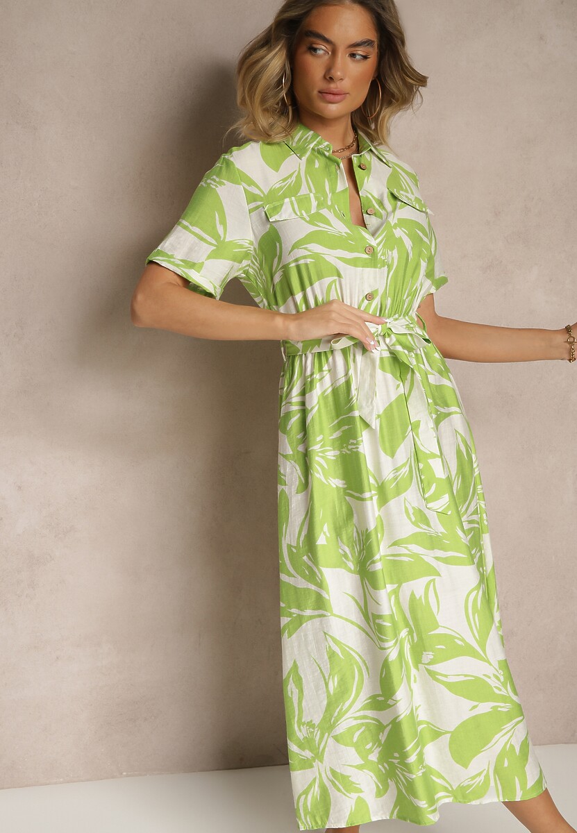 Zielona Koszulowa Sukienka z Wiskozy z Wiązanym Paskiem Ullosaria