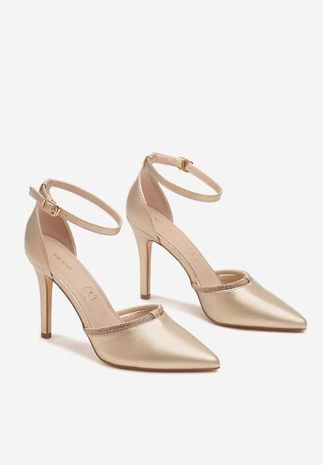 Złote Szpilki Vices z Wkładką ze Skóry Naturalnej i Ozdobnym Cyrkoniowym Paskiem Lizzeth