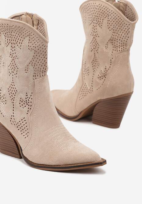 Beżowe Ażurowe Botki Kowbojki na Stożkowym Obcasie Leanorin