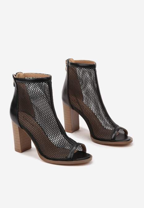 Czarne Sandały Botki na Słupku  Peep Toe z Siateczkową Cholewką Loridi