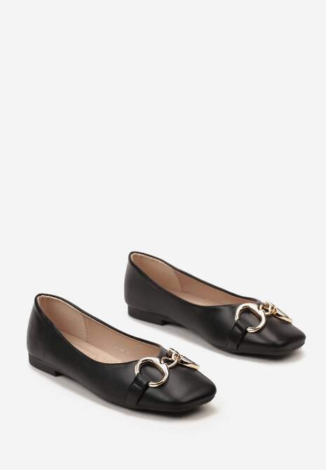 Czarne Balerinki Ozdobione Metalową Klamrą i Noskiem Kwadratowym Eladra