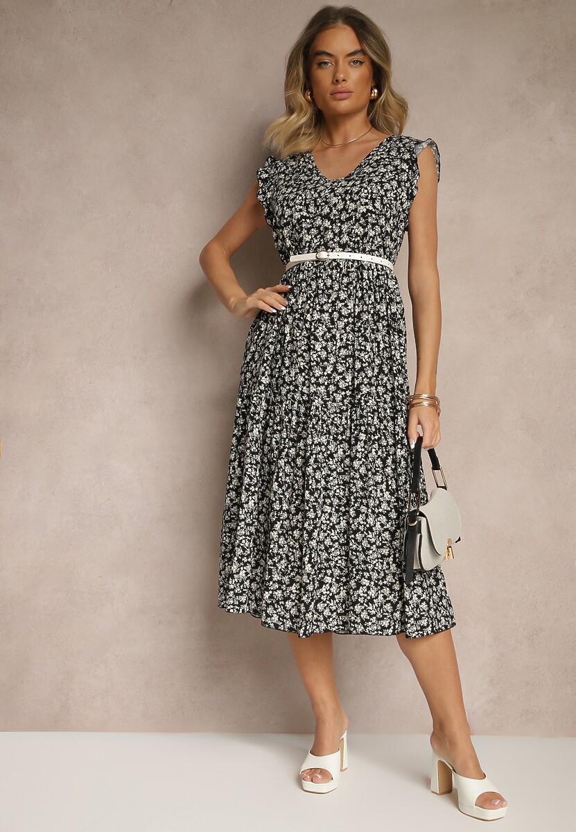 Czarna Rozkloszowana Sukienka z Bawełny z Dekoltem w Serek Zdobiona Falbanami Iffilara