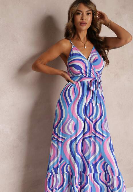 Niebieska Rozkloszowana Sukienka Maxi z Wiskozy z Gumką w Pasie i Kopertowym Dekoltem Mailen