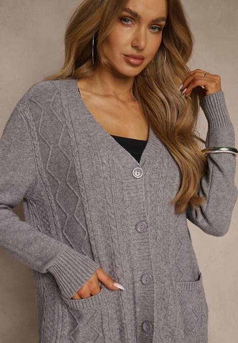 Szary Kardigan z Bawełną i Tłoczonym Wzorem Reisina