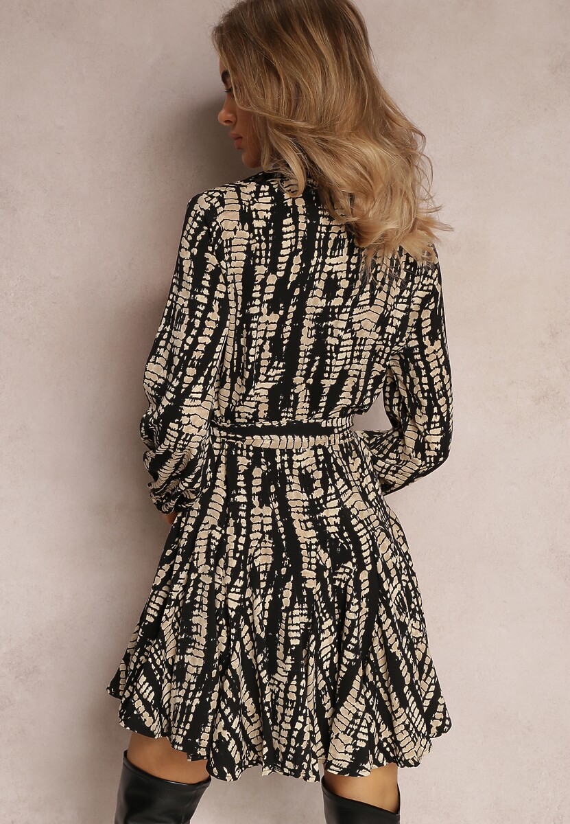 Czarna Koszulowa Sukienka Mini z Falbanką i Wiązanym Paskiem Anagal