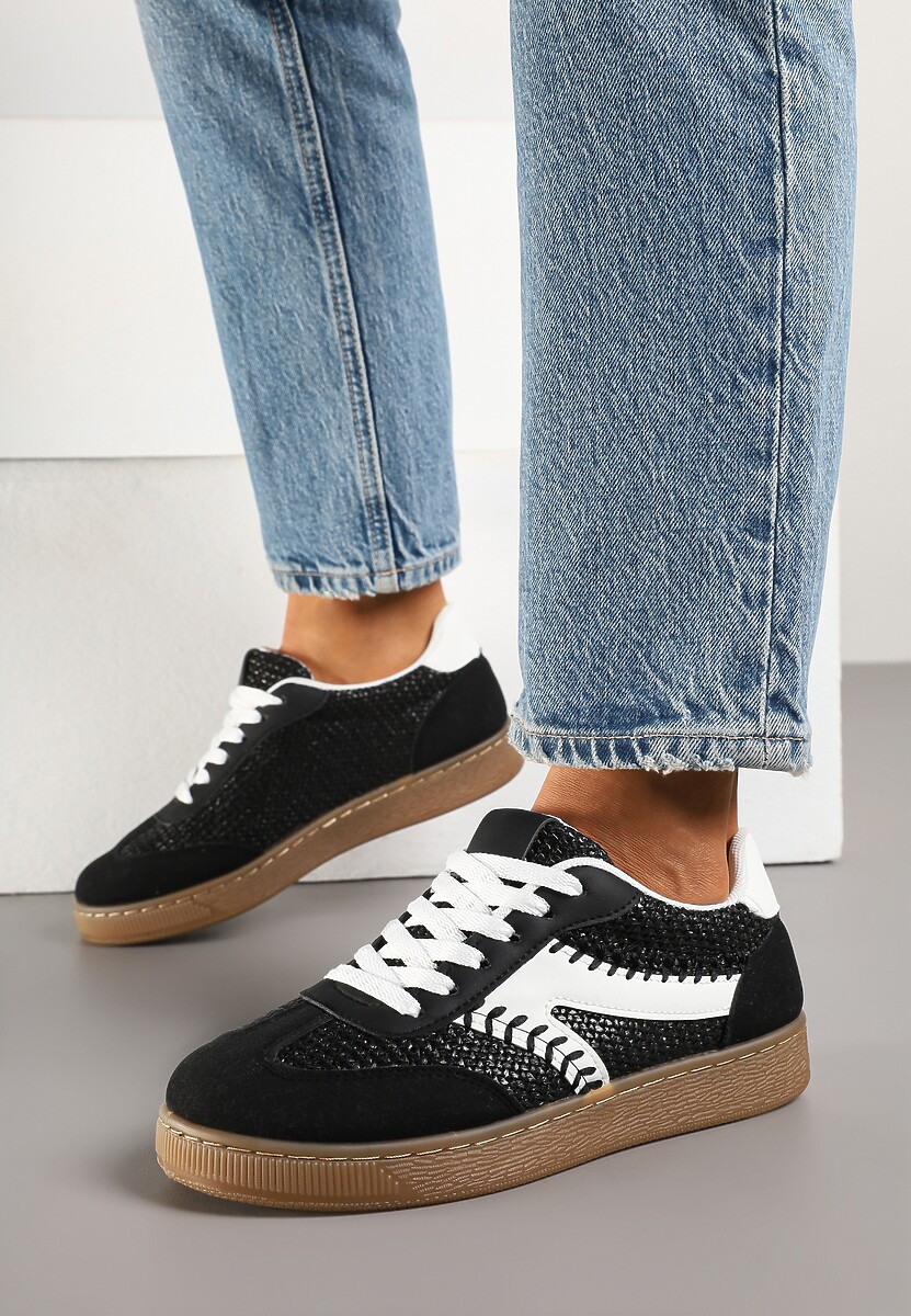 Czarne Sneakersy w Stylu Klasycznych Tenisówek Zdobione Przeszyciami i Tweedem Koriznne