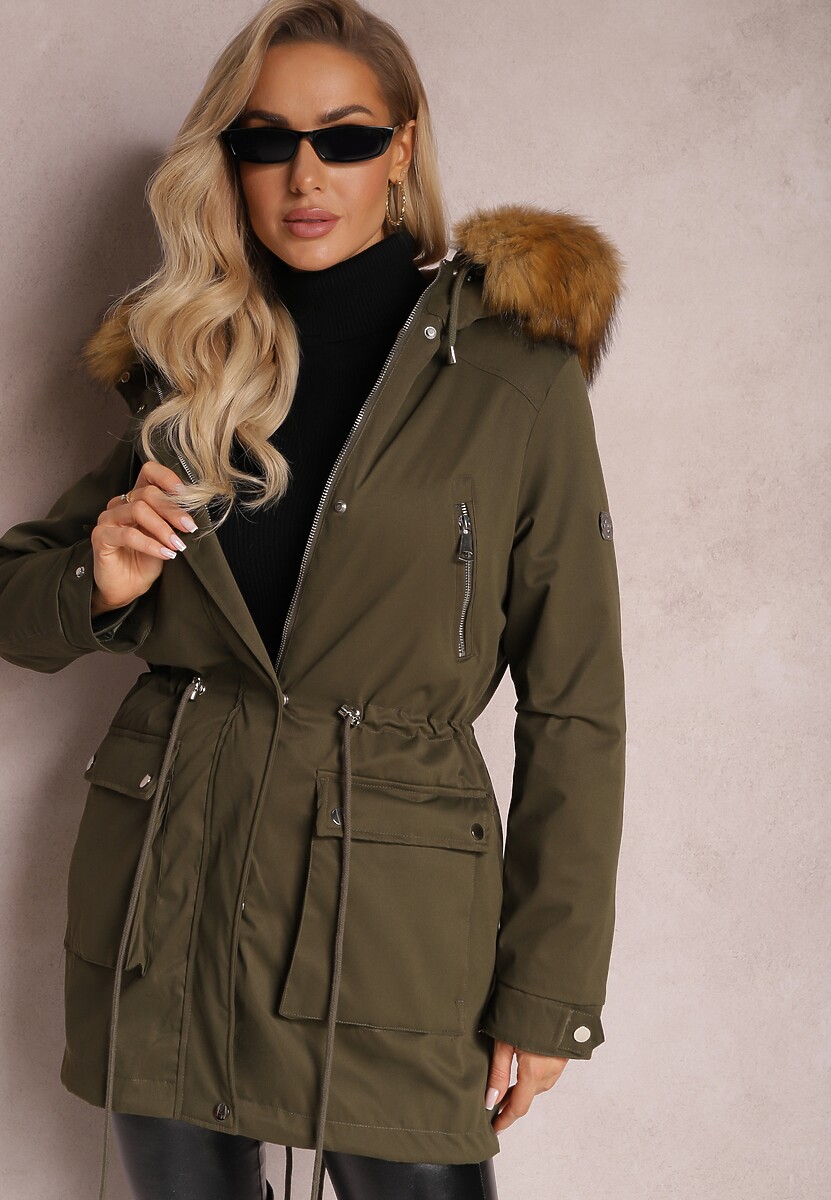 Ciemnozielona Kurtka Parka z Kieszeniami i Kapturem z Futerkiem Caulisa