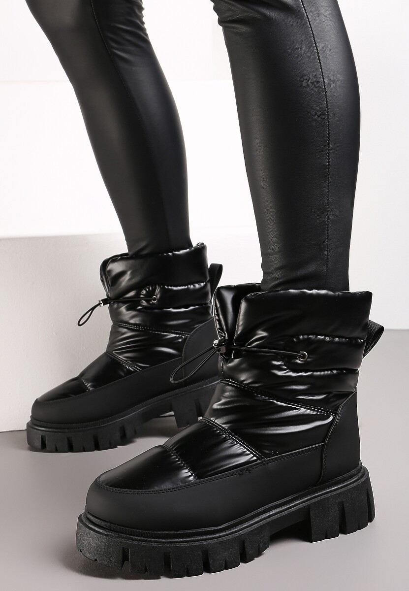 Czarne Śniegowce na Niskiej Platformie z Ozdobnym Pikowaniem i Ściągaczem Raballa