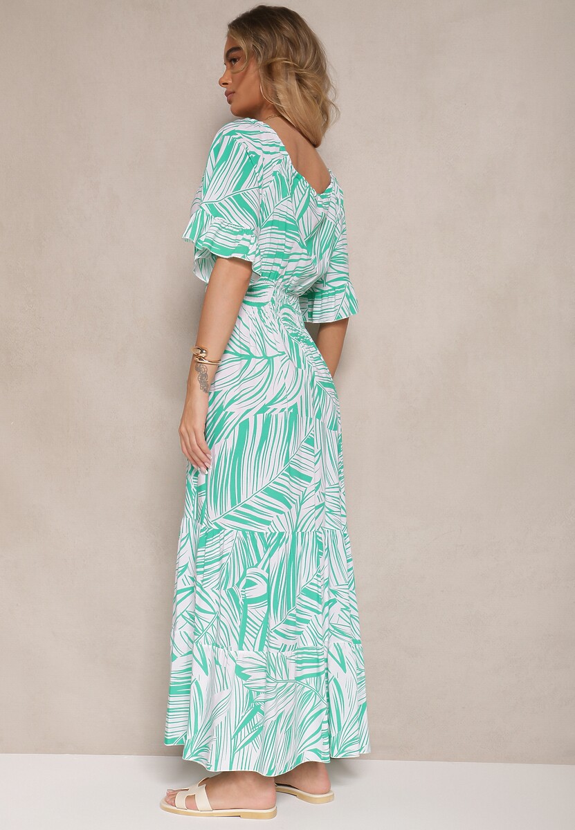 Zielona Sukienka z Bawełny o Rozkloszowanym Kroju z Motywem Liści Aluielle