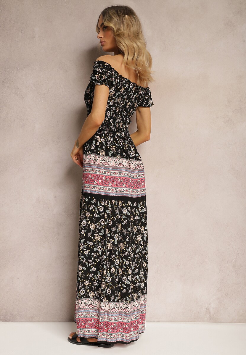 Czarno-Różowa Sukienka Hiszpanka z Wiskozy z Marszczoną Górą Isteria