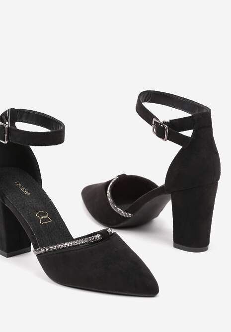 Czarne Eleganckie Czółenka Vices ze Skórzaną Wkładką i Cyrkoniami Sarirra