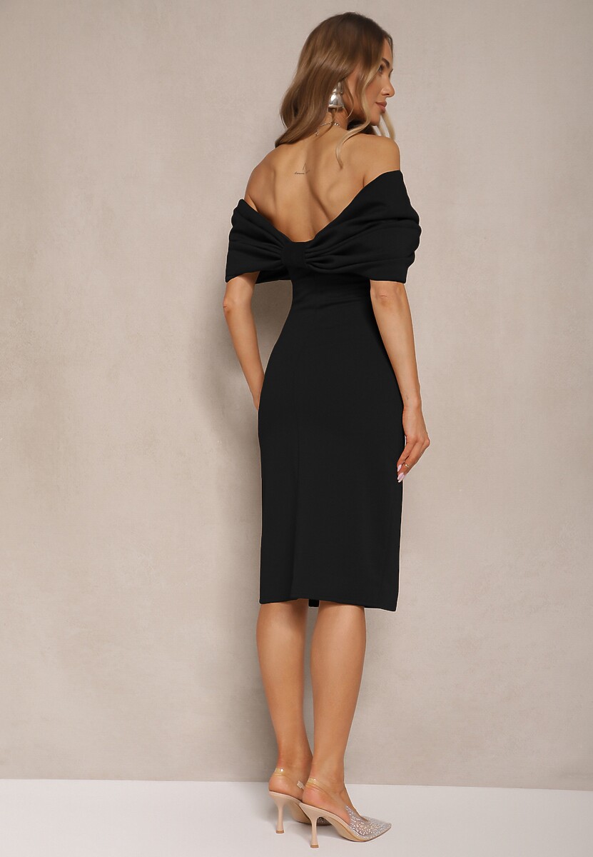 Czarna Sukienka Taliowana z Kokardą w Formie Hiszpanki o Dopasowanym Kroju Paladwena