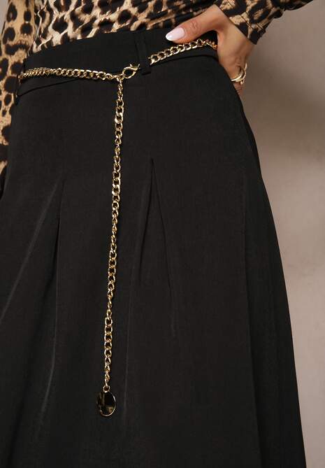 Czarna Spódnica z Wiskozą o Rozkloszowanym Kroju z Paskiem Łańcuszkiem Lilethra