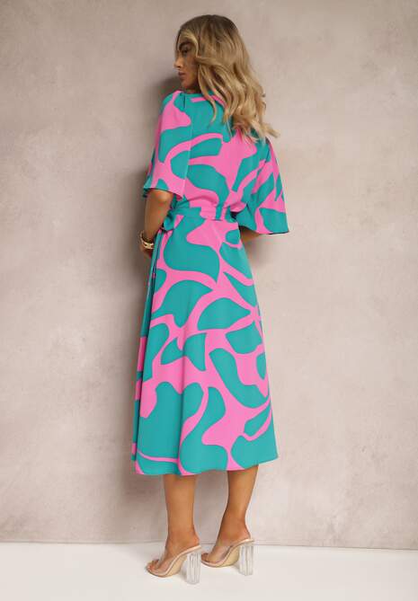 Niebiesko-Różowa Sukienka o Kopertowym Fasonie z Wiązaniem w Talii Uzilena