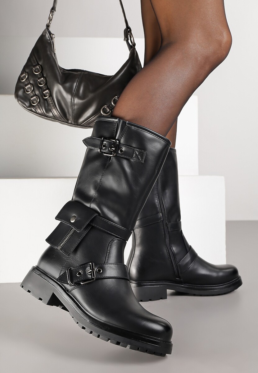 Czarne Botki Biker Boots Zdobione Klamerkami i Kieszonką Nalinnea