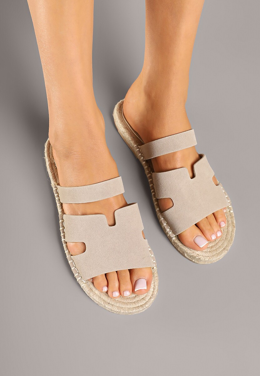 Beżowe Klapki Ozdobione Geometryczną Cholewką i Plecionką Nilornis