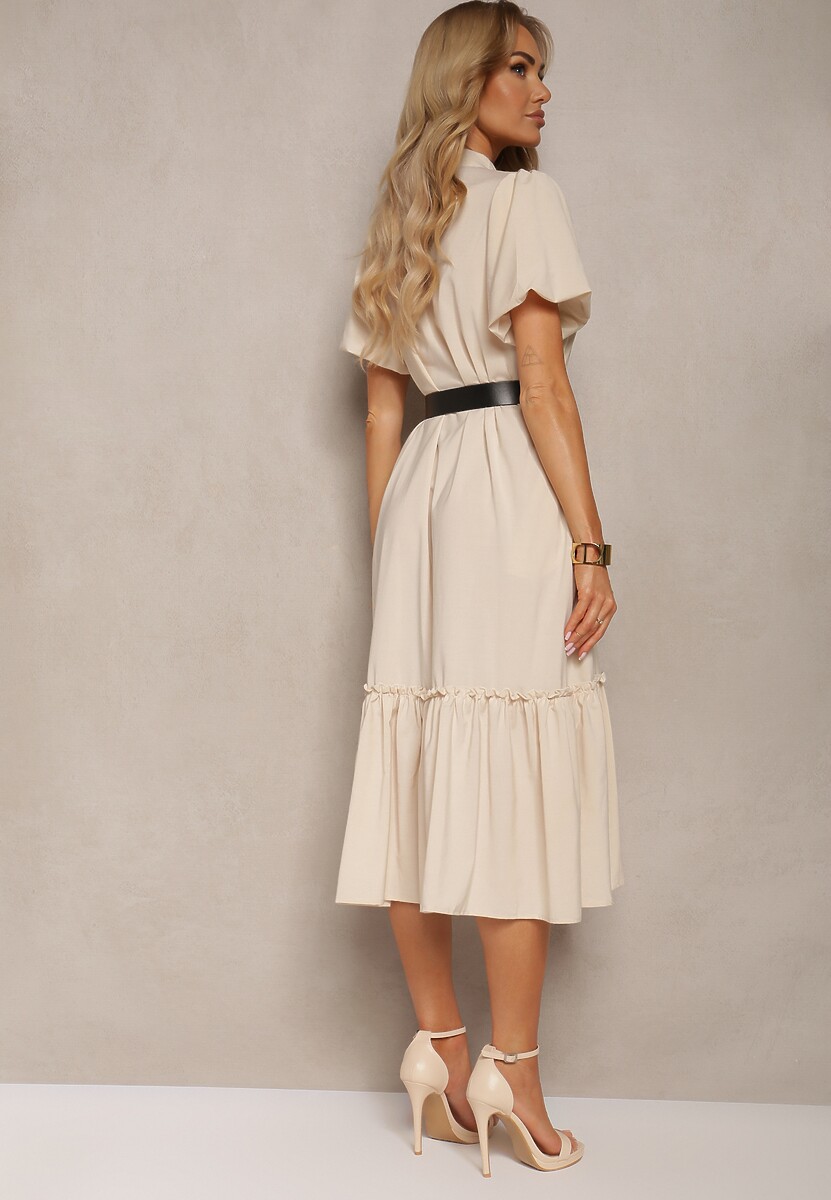 Beżowa Rozkloszowana Sukienka Zapinana na Guziki z Paskiem z Ekoskóry i Krótkim Rękawem Wontia