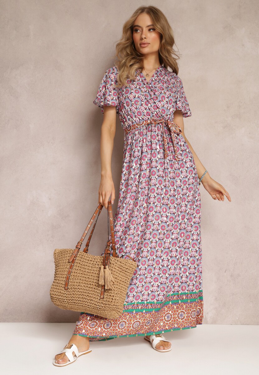 Różowa Sukienka Maxi z Paskiem i Gumką w Talii w Ornamentalny Wzór Calvim