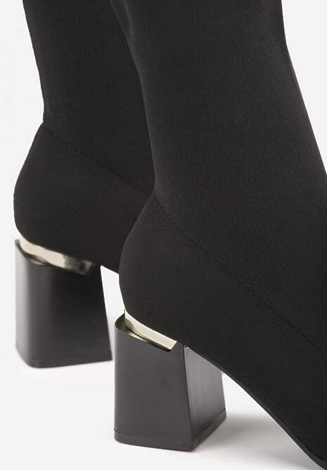 Czarne Skarpetkowe Botki VICES na Słupkowym Obcasie z Metaliczną Wstawką Anivita
