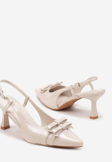 Beżowe Lakierowane Sandały na Obcasie z Noskiem w Szpic z Kokardkami Noravis