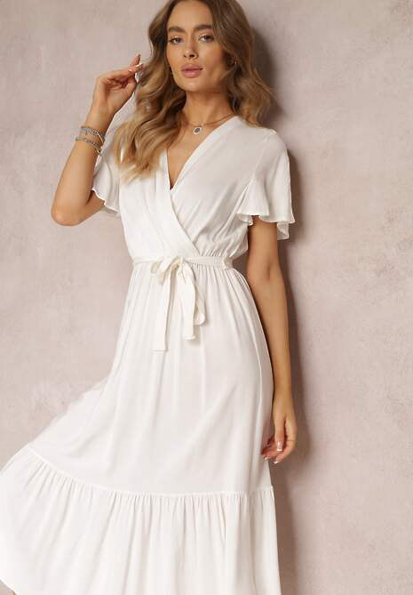 Biała Rozkloszowana Sukienka z Kopertowym Dekoltem i Wiązanym Paskiem Elanor
