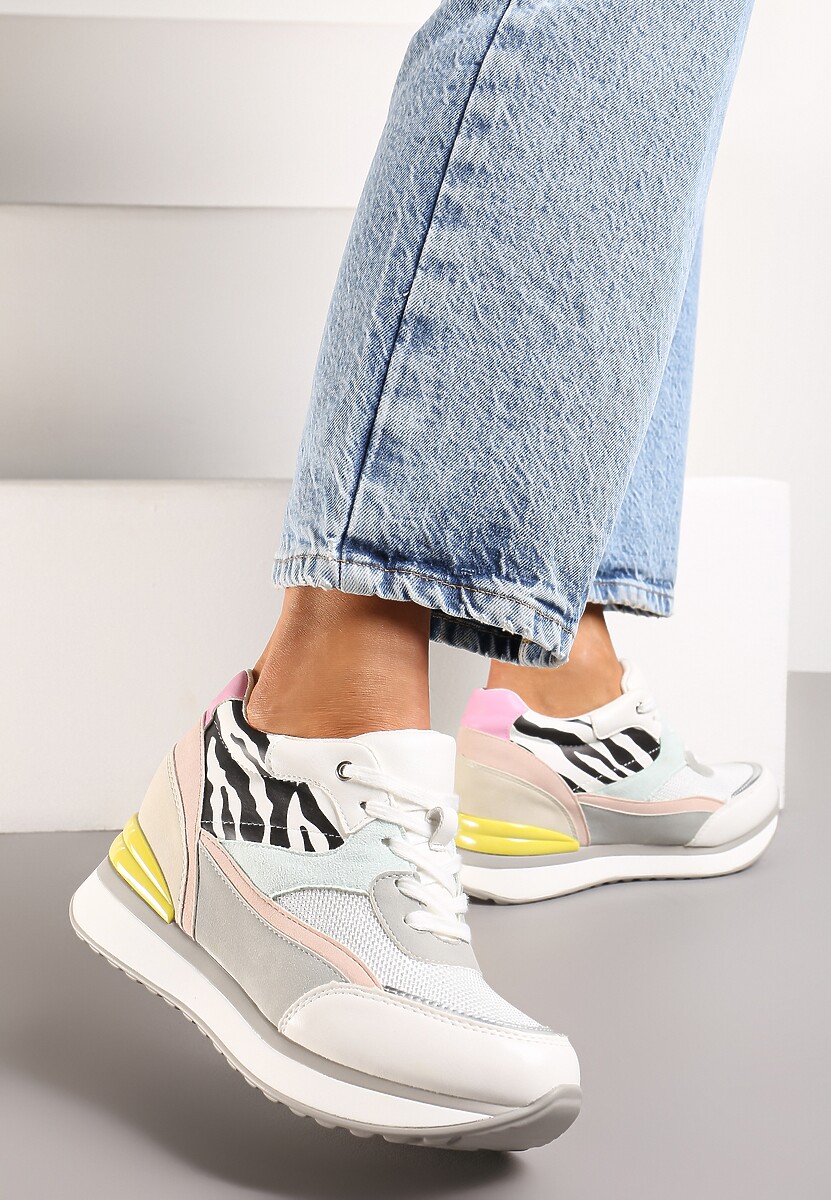 Beżowe Sneakersy na Ukrytym Niewysokim Koturnie z Brokatem Fioralan