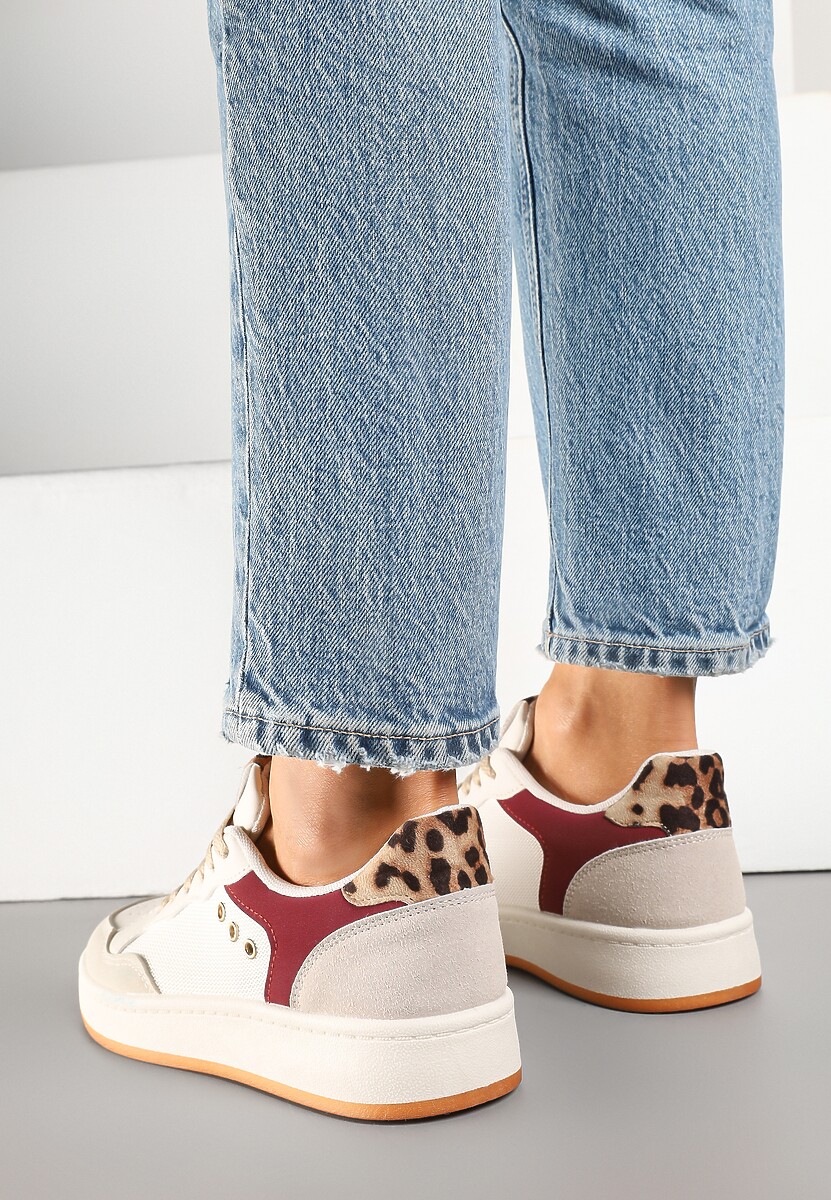 Beżowo-Bordowe Streetwearowe Sneakersy Zdobione Przeszyciami Neonisea