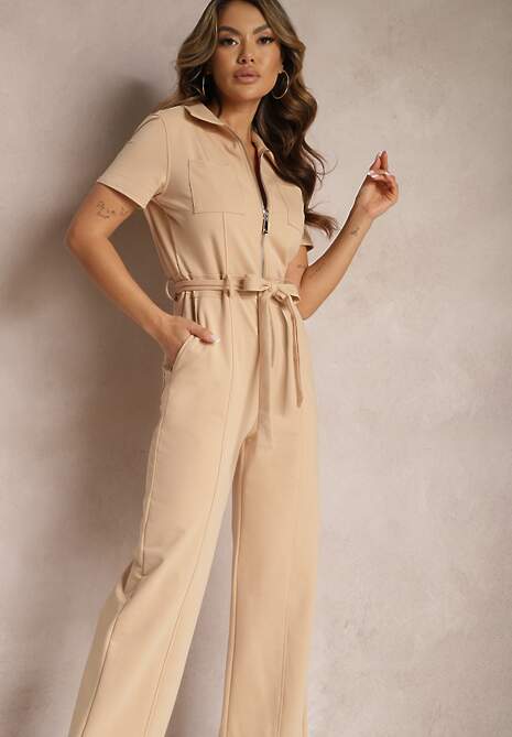 Beżowy Kombinezon z Elastycznej Bawełny z Suwakiem i Wiązanym Paskiem Ecatra