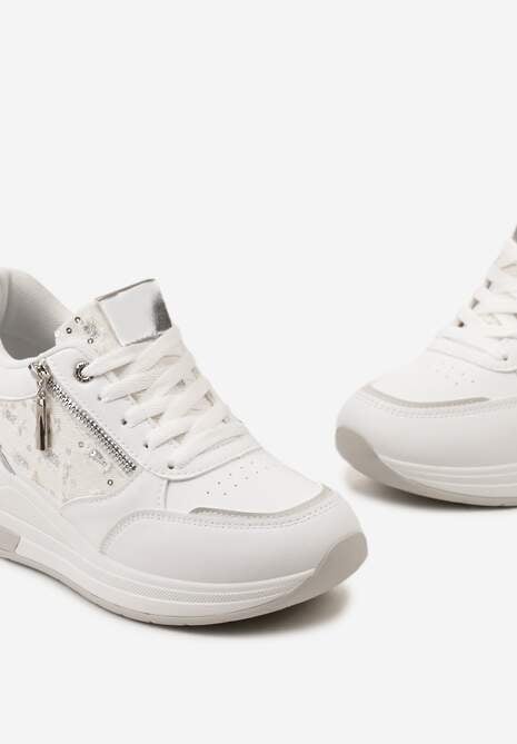 Biało-Srebrne Sneakersy na Koturnie z Ozdobną Wstawką z Suwakiem i Sznurowaniem Dastas