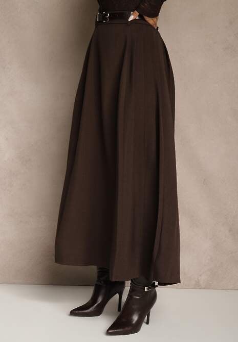 Brązowa Rozkloszowana Spódnica z Wiskozy z Dodatkowym Paskiem z Klamrą Lowedina