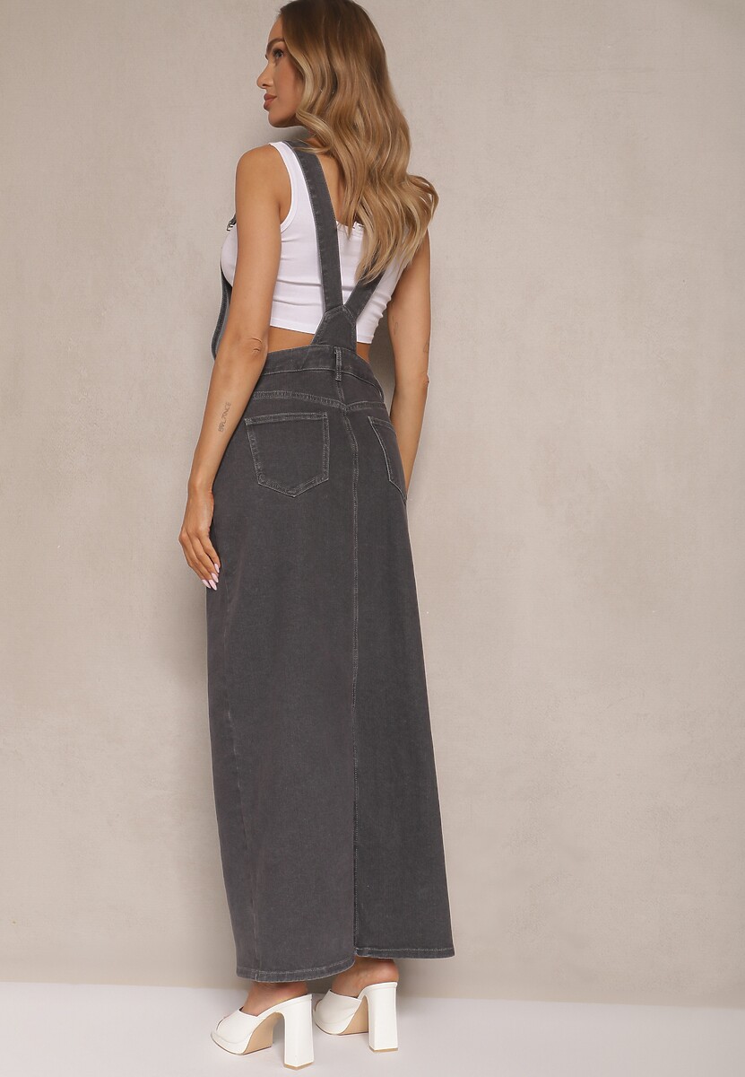 Ciemnoszara Sukienka o Kroju Ogrodniczki z Ozdobnym Rozcięciem Ralhira