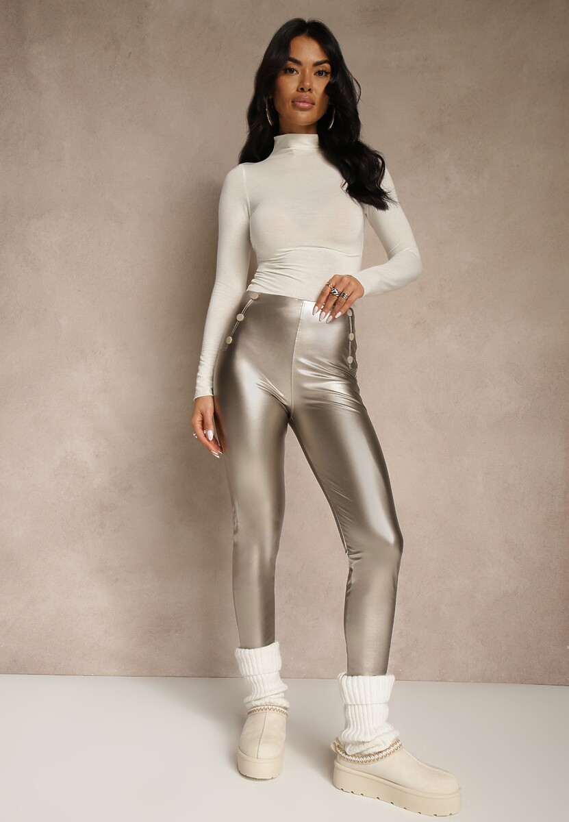 Szampańskie Legginsy High Waist z Imitacji Skóry z Gumką w Pasie Ozdobione Guzikami Sinairis