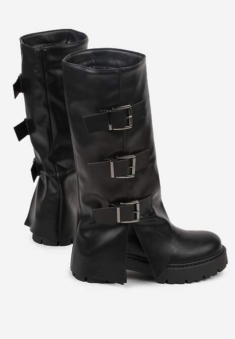 Czarne Kozaki VICES z Wywiniętą Cholewką Zdobioną Sprzączkami Anileria