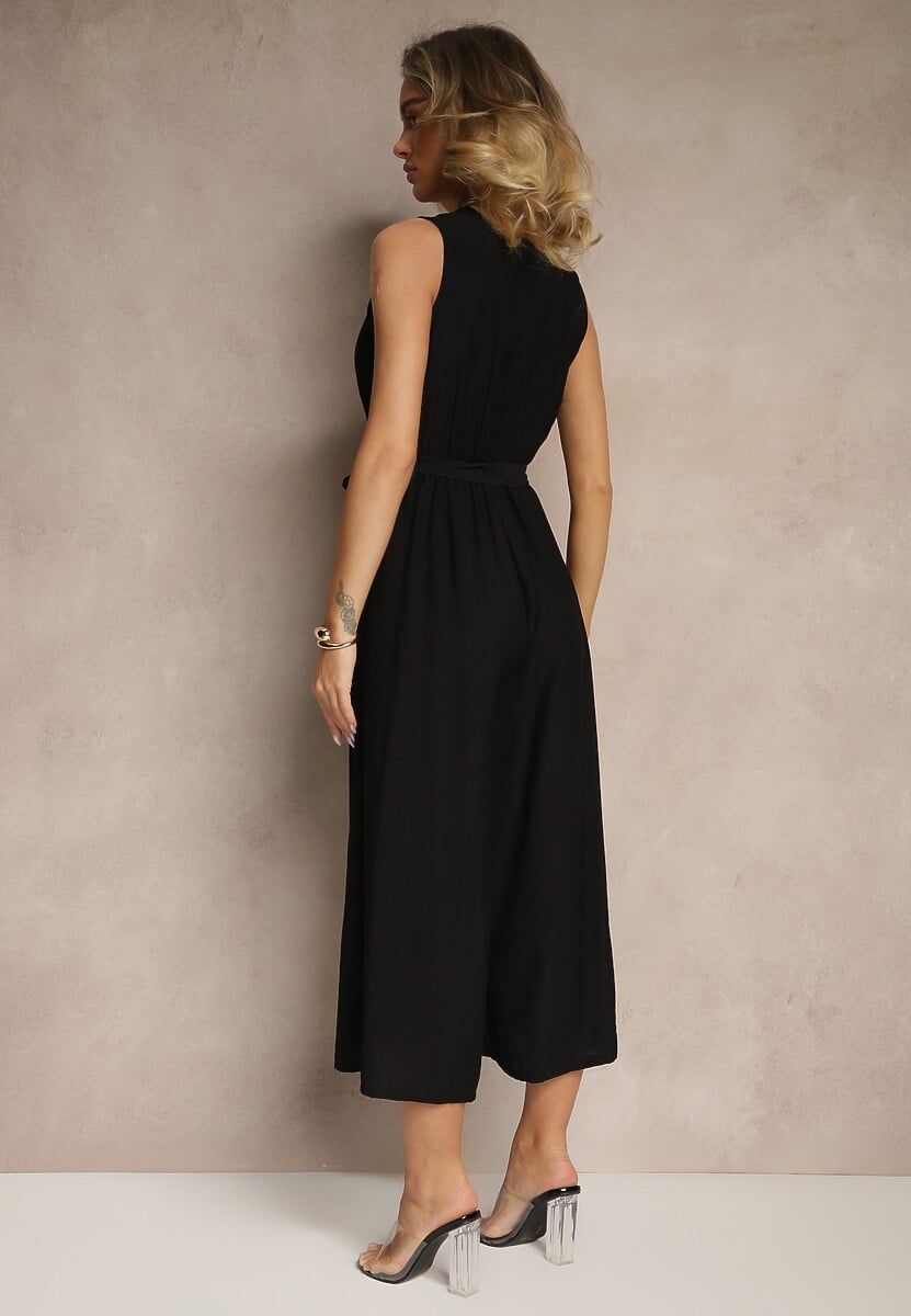 Czarny Kombinezon Taliowany z Wiskozą Ozdobiona Paskiem Evintria