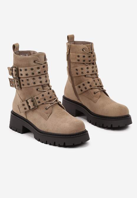 Ciemnobeżowe Botki z Ekozamszu na Grubej Podeszwie Zdobione Paskami z Klamrami wokół Cholewki Alleine