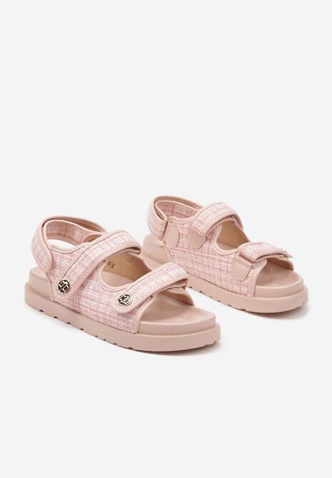 Różowe Sandały z Metalicznymi Guzikami i Tweedową Cholewką Oliandra