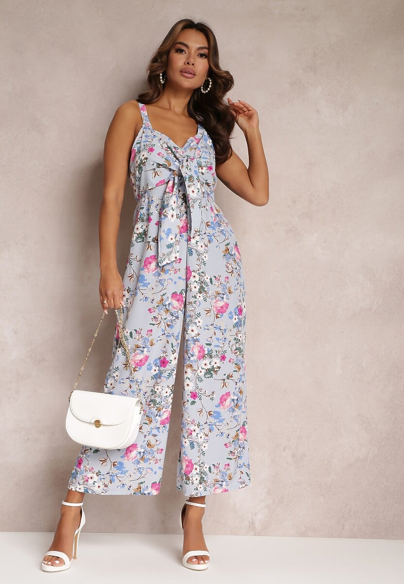 Jasnoniebieski Kombinezon z Szerokimi Nogawkami i Wiązaniem Przy Dekolcie Gloryhallo