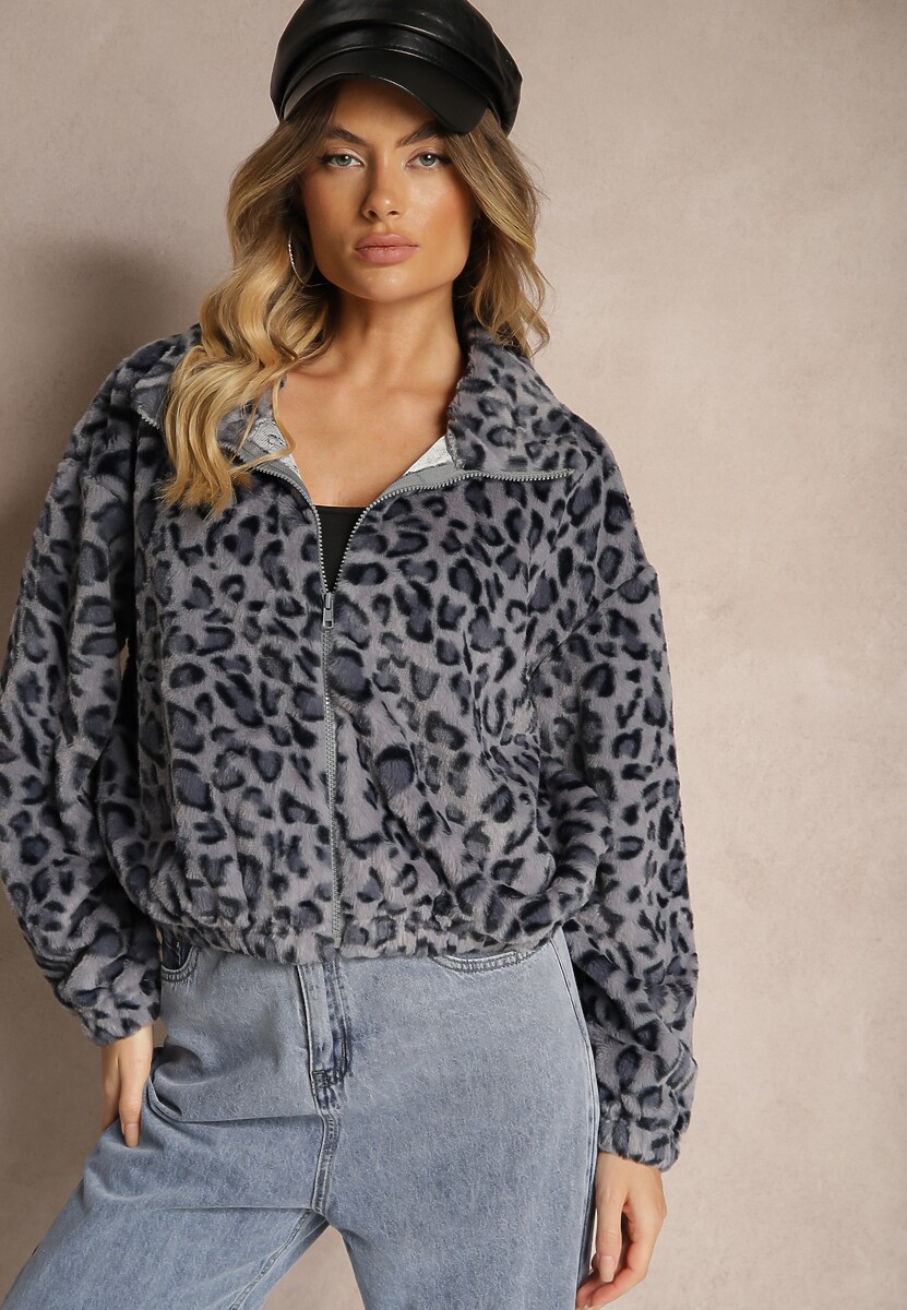 Szara Futerkowa Kurtka w Panterkowy Print o Klasycznym Kroju ze Stójką i Kieszeniami Belabine